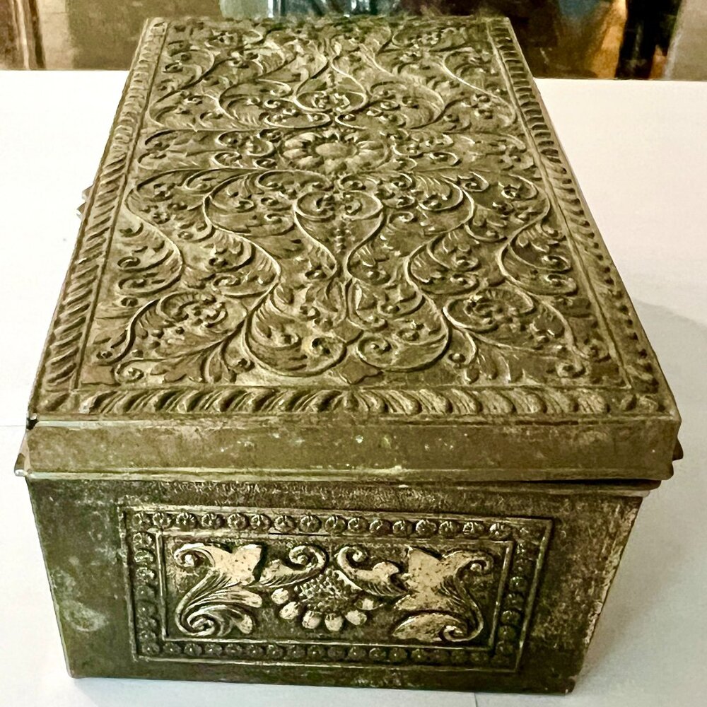 ANTIQUE ORNATE SILVER-PATINA, JEWELRY BOX.